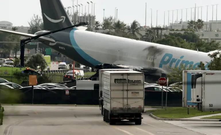Five dead after Amazon-branded cargo plane overruns runway at Miami airport, striking multiple vehicles